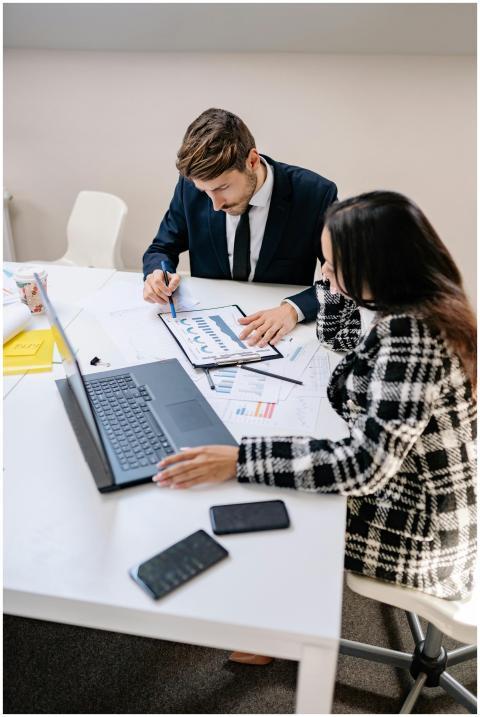 Business professionals analyzing data and collabor