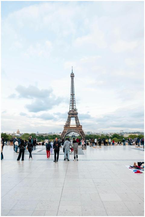 Tourists gather at the Trocadéro Gardens for a stu