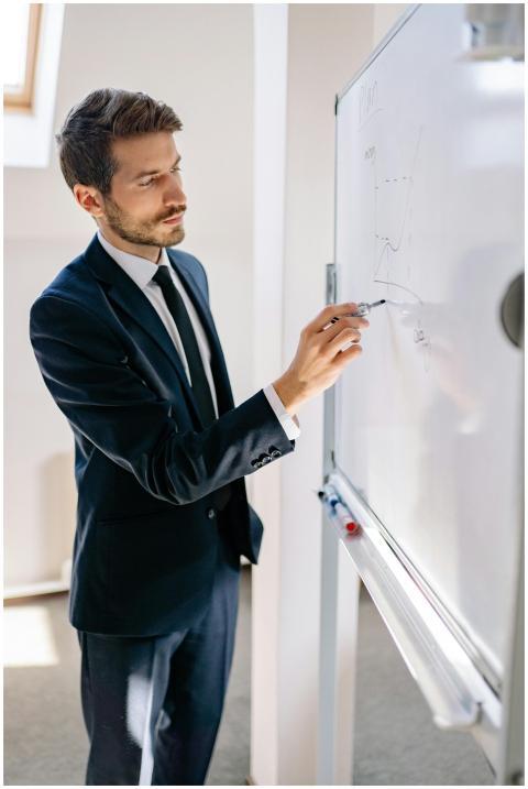 Confident businessman in a blue suit presenting an