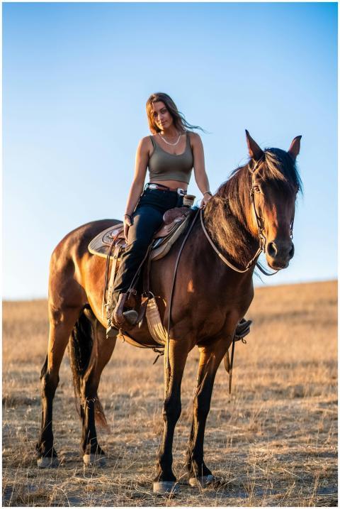 A woman horseback riding on a brown horse in a sun