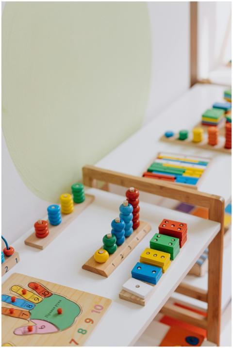 Bright and colorful educational wooden toys displa
