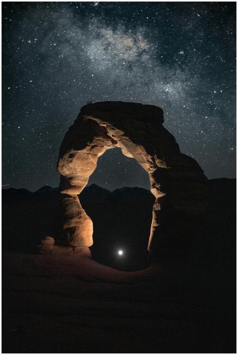 Milky Way above Delicate Arch in Utah's night sky,