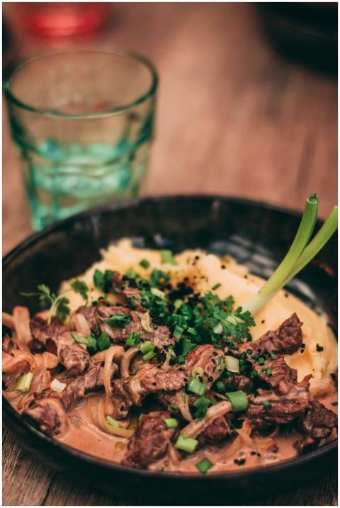 Delicious beef stroganoff served with creamy mashe