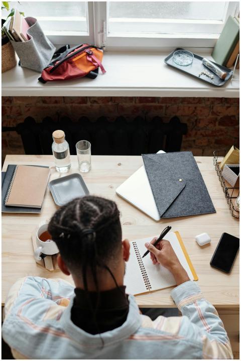 Overhead view of a student studying at a desk with