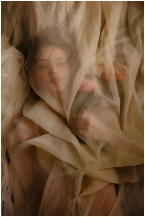 Artistic portrait of a woman draped in sheer fabri