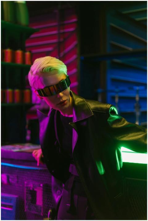 Stylish woman in cyberpunk attire with futuristic