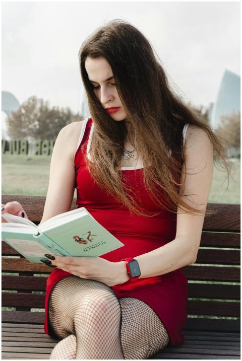 Woman Red Dress Reading