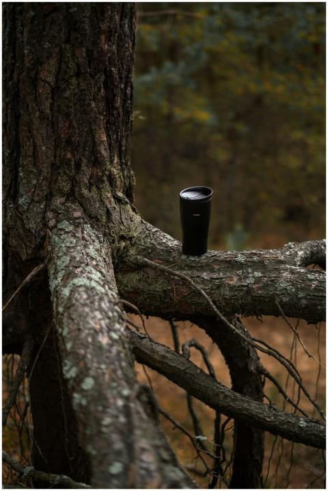A travel mug placed on a tree branch in a lush Kyi