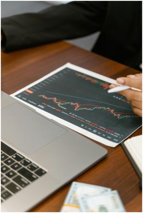 Close-up of business analysis with a laptop, chart