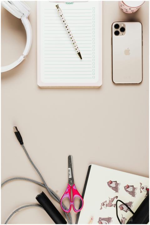 Top view of a creative workspace featuring a smart