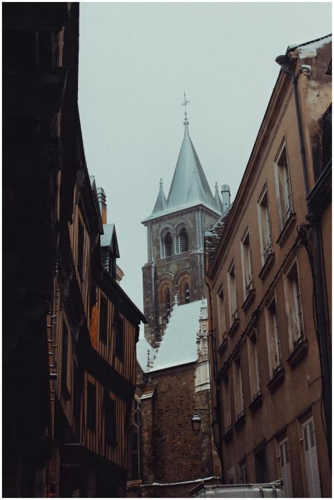 Charming winter street view of Laval, France with