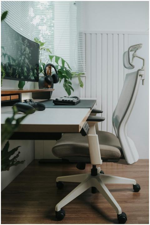 Sleek home office with ergonomic chair, monitor, a