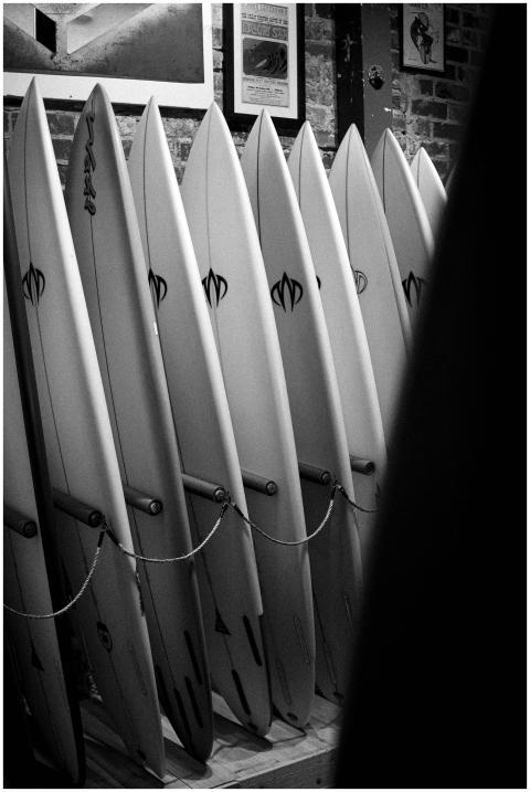 Row of surfboards displayed in a surf shop, creati