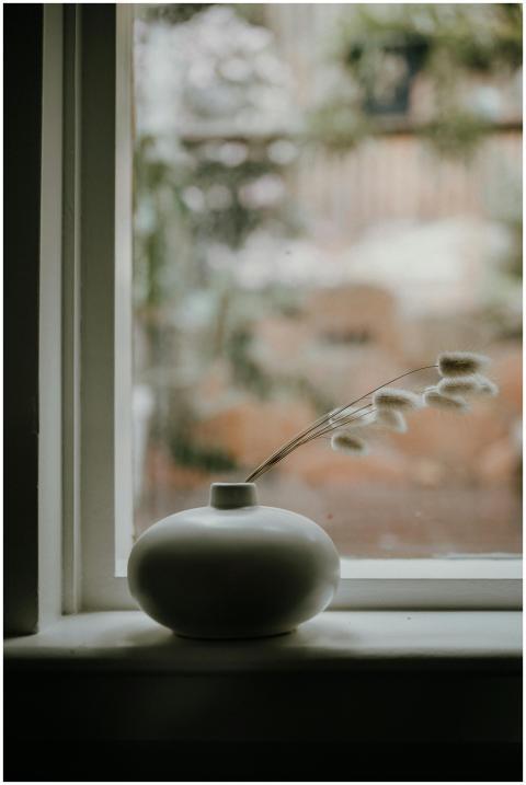 A minimalist still life of a ceramic vase with del