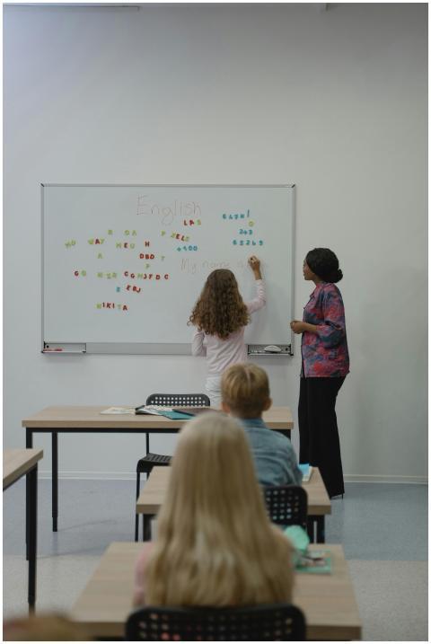 Teacher instructing diverse students with magnetic