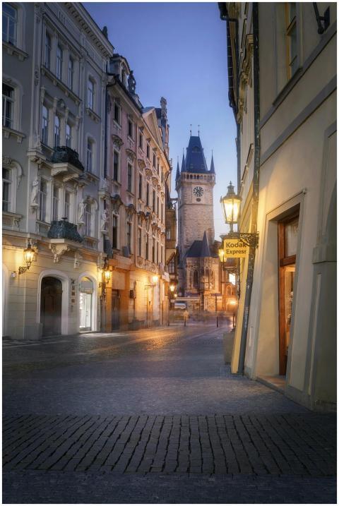 Serene twilight scene of a cobblestone street with