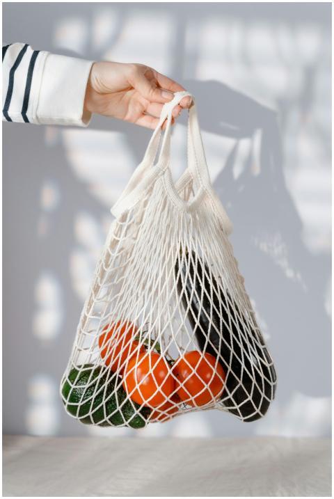 Eco-friendly net bag with fresh tomatoes and cucum