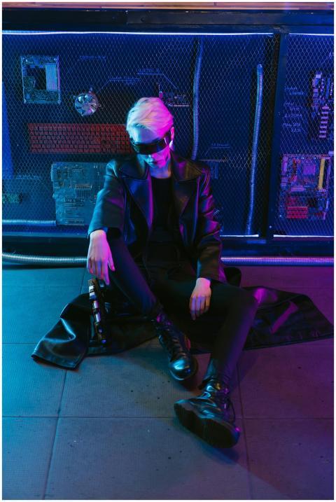 A futuristic fashion portrait of a person wearing