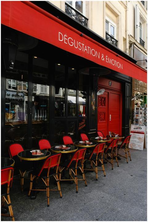 Paris café with red chairs and black tables, ideal