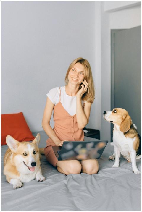 Smiling woman working on laptop with dogs at home,