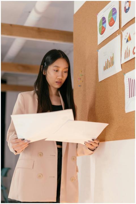 Asian woman in corporate attire reviewing business
