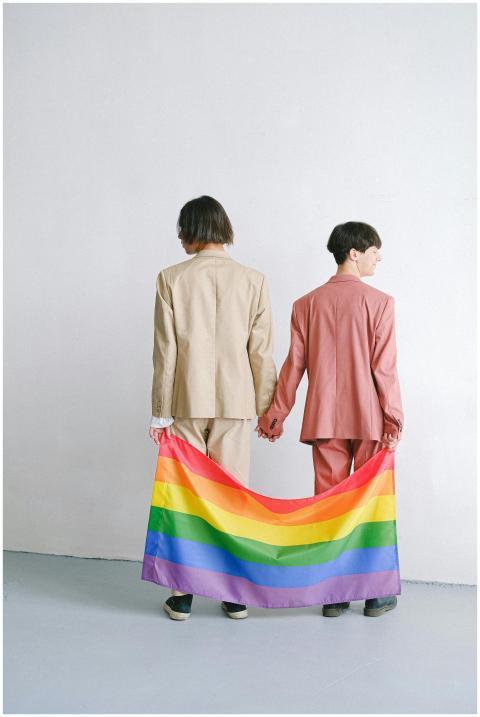 A couple stands holding hands with a rainbow pride