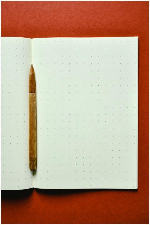 Top view of a dot grid notebook with a wooden pen