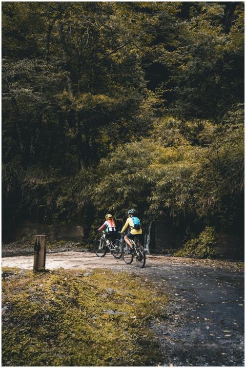 A man and woman cycling along a forest path surrou