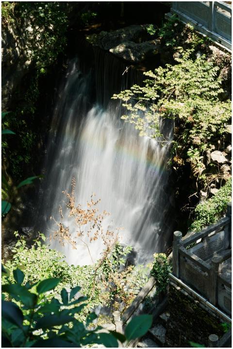 A tranquil waterfall with lush greenery and a subt