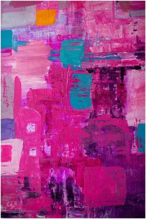 Dynamic abstract painting featuring bold pink and