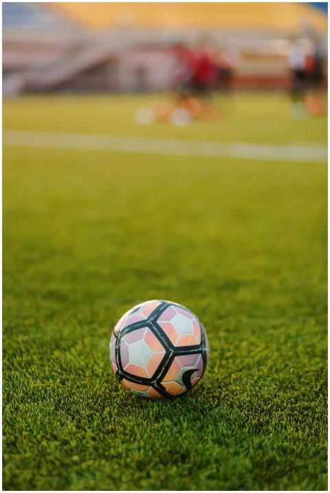 Soccer ball resting on a lush green field during a