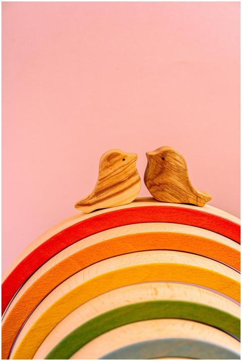 Two wooden bird figurines on a colorful rainbow de