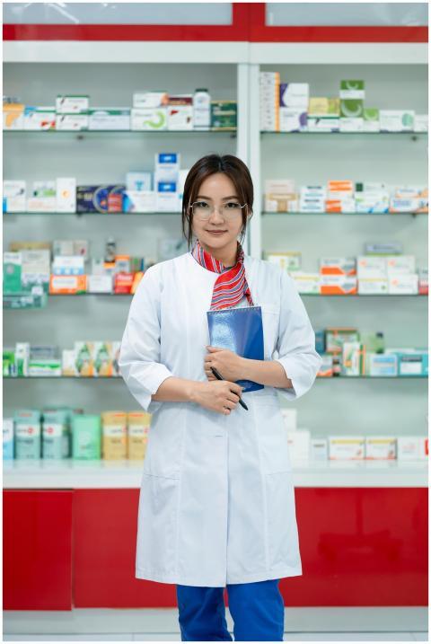 Female pharmacist in a lab coat standing confident
