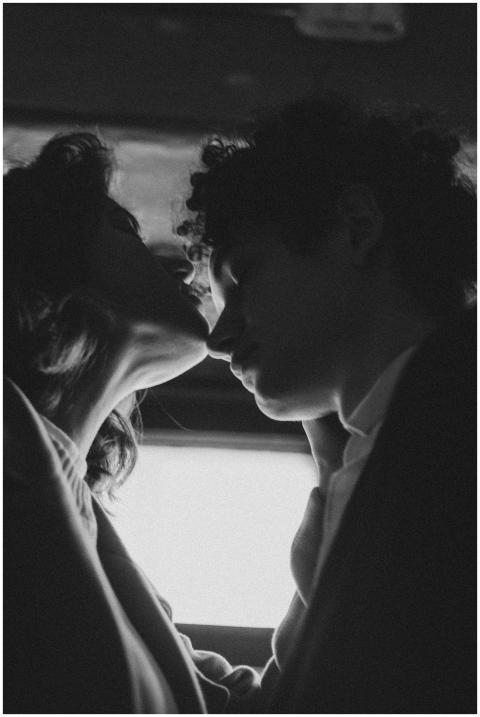 A romantic black and white moment featuring a coup