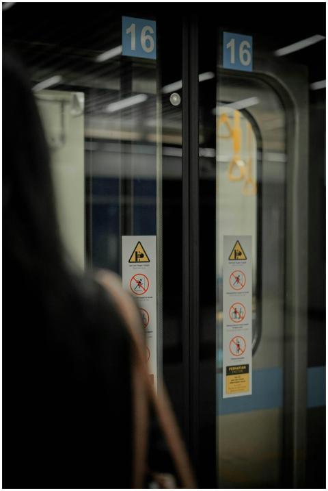 Close-up of a metro door with pictographs in Jawa