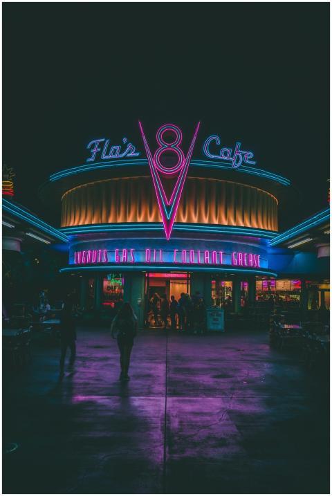 Experience the retro neon glow of Flo's V8 Café in