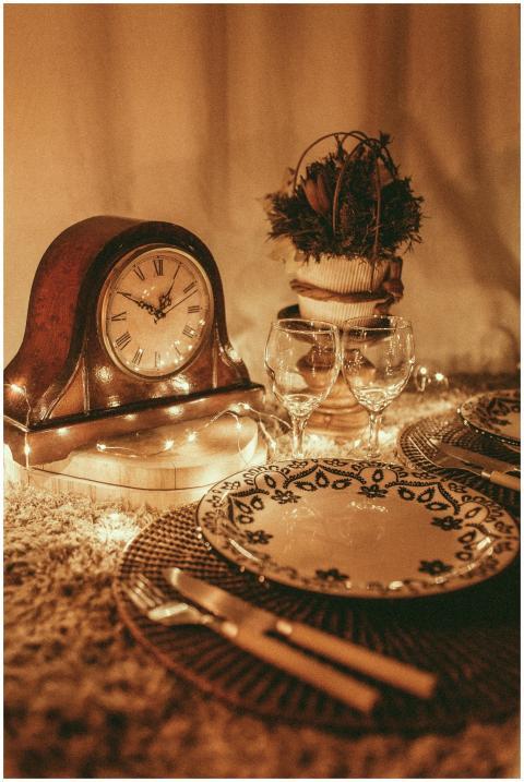 Cozy vintage dining setup with antique clock, tabl