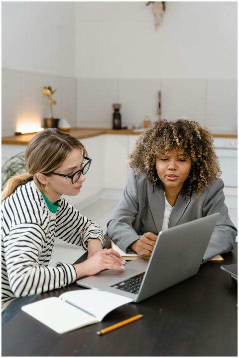 Two women discuss work strategy at a laptop in a m