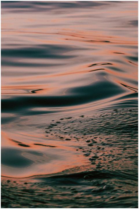 Close-up of gentle water ripples reflecting a warm