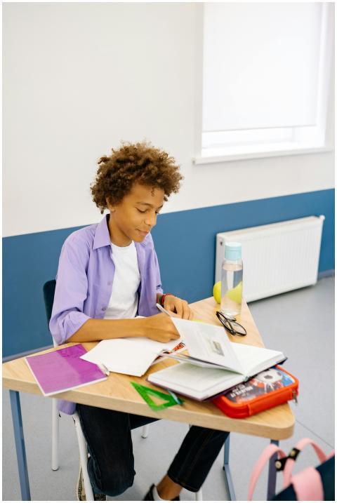 Young boy with afro hair studying at his desk in a