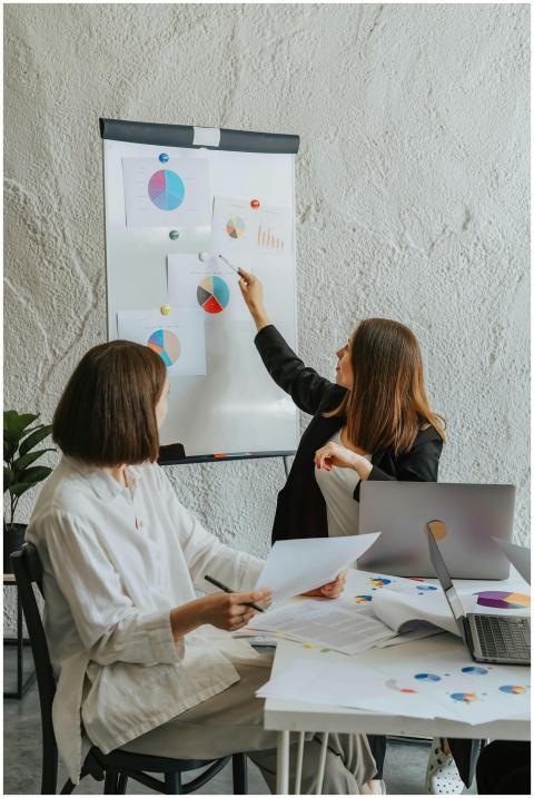 Two women collaborating in an office setting, revi