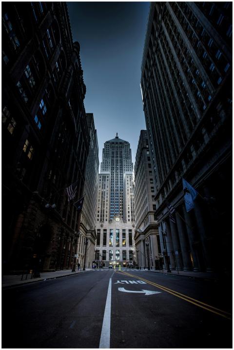 Majestic view of Chicago skyscrapers along an empt