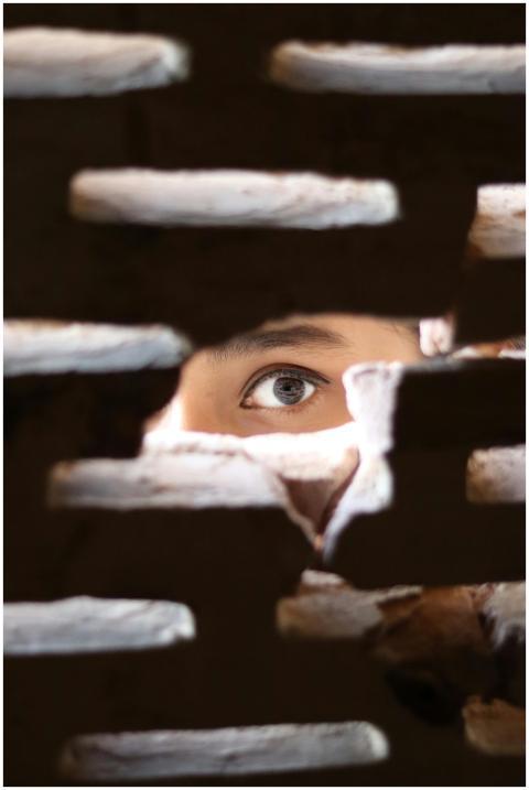 A mysterious eye peeks through a small gap in a br