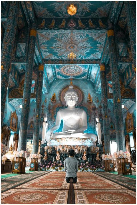 A serene view of a person worshipping inside the o