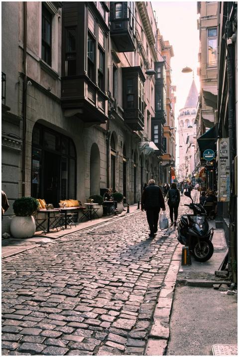 Picturesque cobblestone street in Istanbul, featur