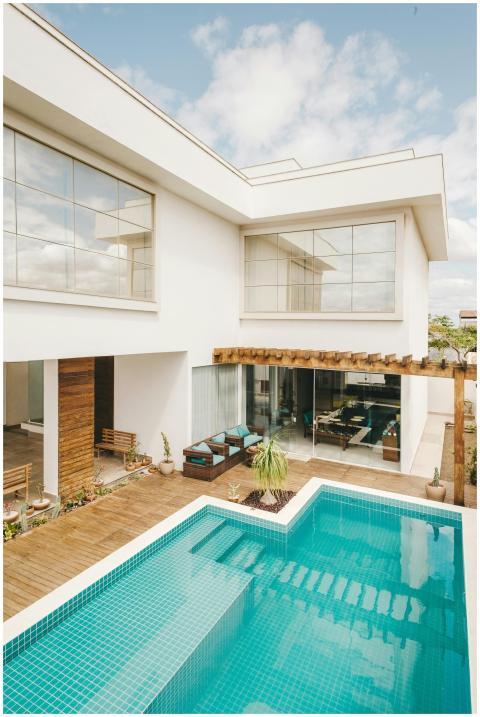 Contemporary interior of lounge area with swimming
