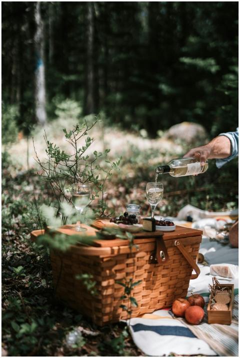 A serene picnic setup in the woods with wine being