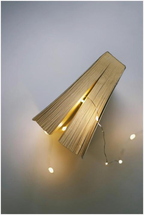 Open book with pages illuminated by string lights,