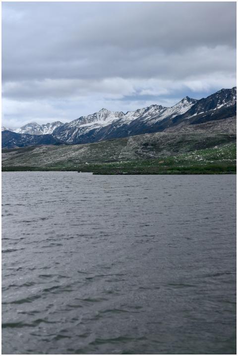 Peaceful lake view with snow-capped mountains and