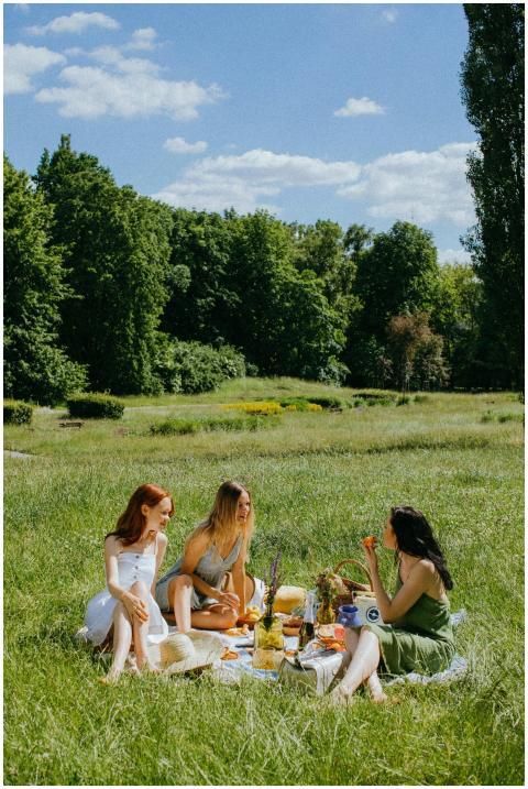 Three women enjoying a relaxed picnic in a sunny p